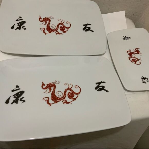 Set 3 Bia Cordon Bleu Red Dragon Stoneware Platter 2 platters 14.5" x10" one 9x6 - Picture 3 of 16
